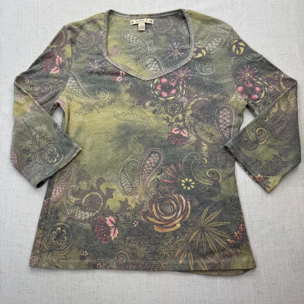 Suzee T Womens Paisley Floral 3/4 Sleeve V-Neck Knit Top Green Pink Large EUC